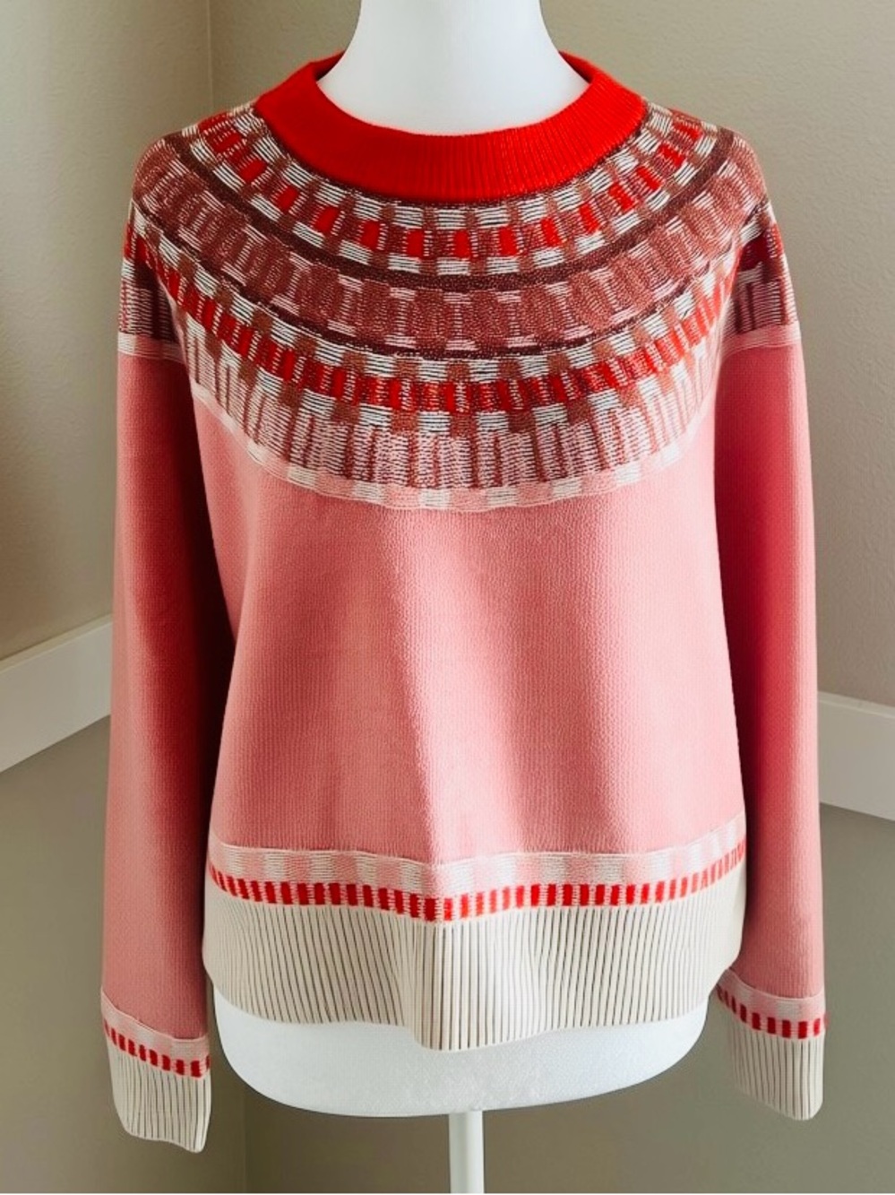Madewell Mayer Fair Isle Merino Wool Blend Sweater in Pink/Red-Size Women’s Lg